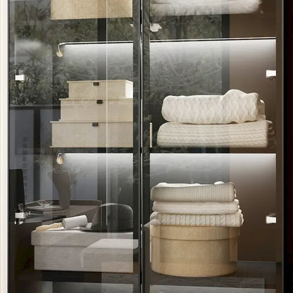 Black Glass Door Wardrobe Set with Lighting Strips, Storage Cabinet