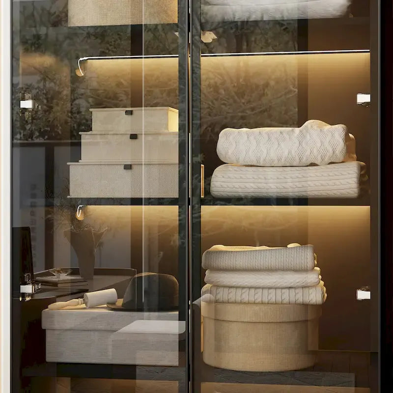 Black Glass Door Wardrobe Set with Lighting Strips, Storage Cabinet