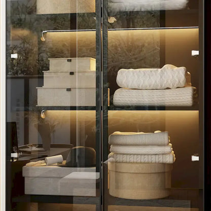 Black Glass Door Wardrobe Set with Lighting Strips, Storage Cabinet