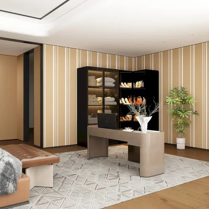 Black Glass Door Wardrobe Set with Lighting Strips, Storage Cabinet