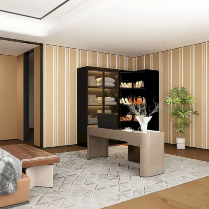 Black Glass Door Wardrobe Set with Lighting Strips, Storage Cabinet