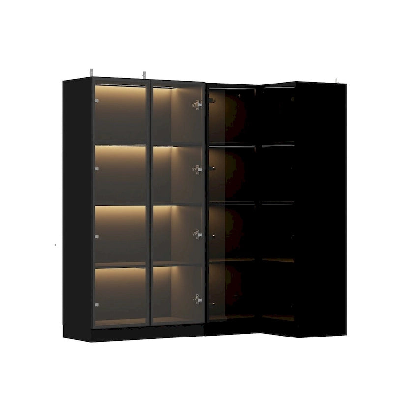 Black Glass Door Wardrobe Set with Lighting Strips, Storage Cabinet