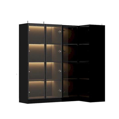 Black Glass Door Wardrobe Set with Lighting Strips, Storage Cabinet