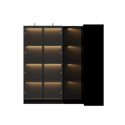 Black Glass Door Wardrobe Set with Lighting Strips, Storage Cabinet