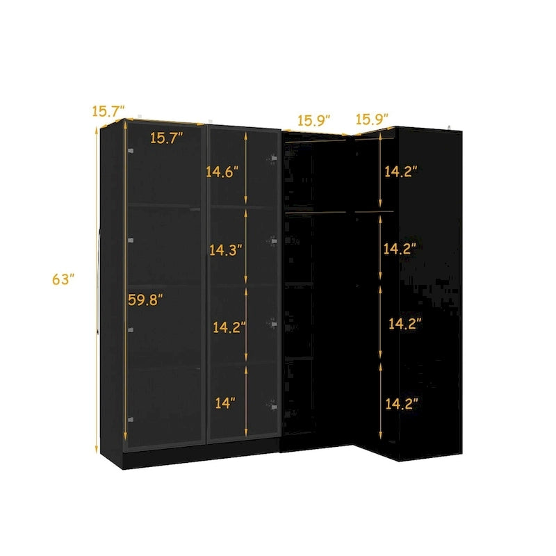 Black Glass Door Wardrobe Set with Lighting Strips, Storage Cabinet