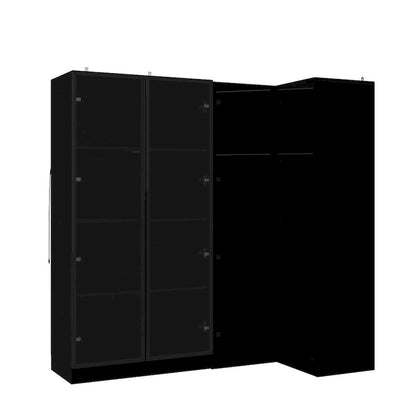 Black Glass Door Wardrobe Set with Lighting Strips, Storage Cabinet