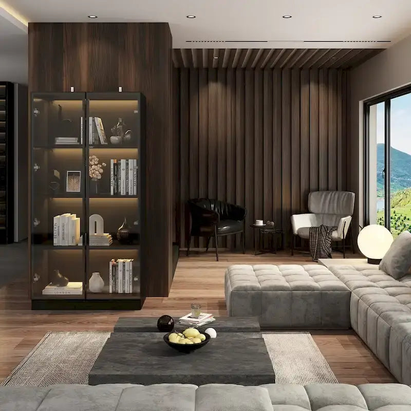 Black Glass Door Wardrobe Set with Lighting Strips, Storage Cabinet