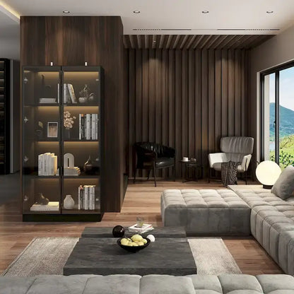 Black Glass Door Wardrobe Set with Lighting Strips, Storage Cabinet