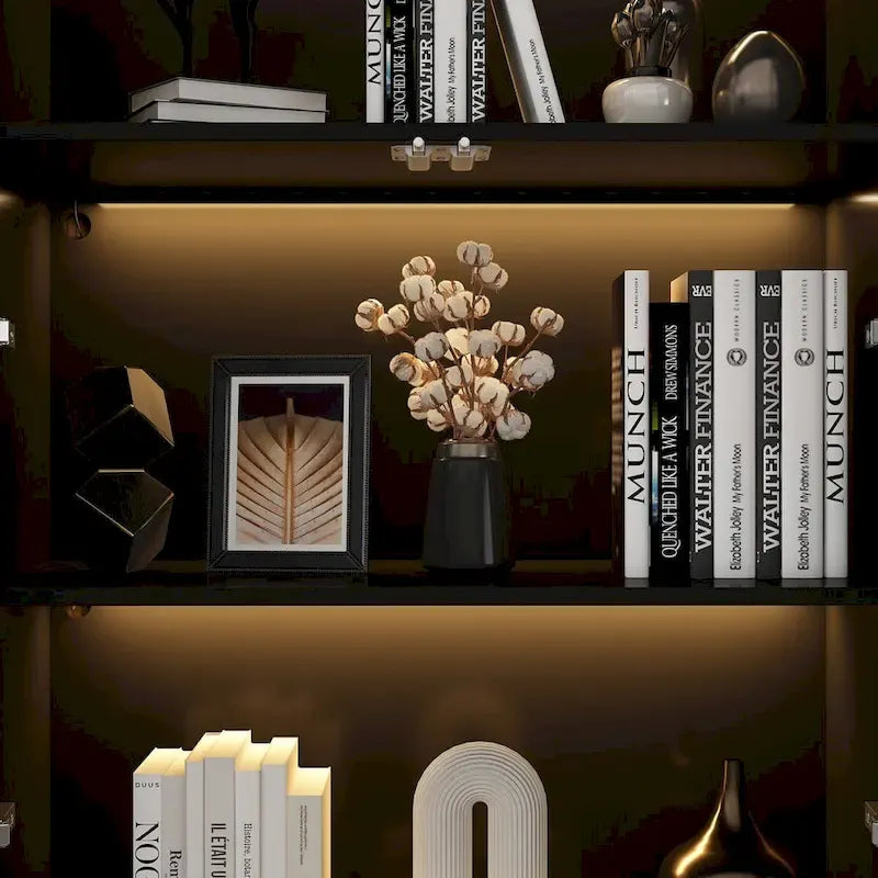 Black Glass Door Wardrobe Set with Lighting Strips, Storage Cabinet