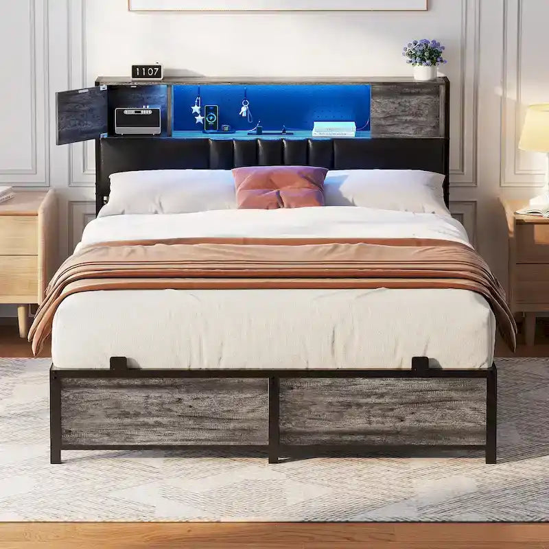 Farmhouse Bed Frame with Holey Board, Upholstered Headboard Platform Bed with Charging Station