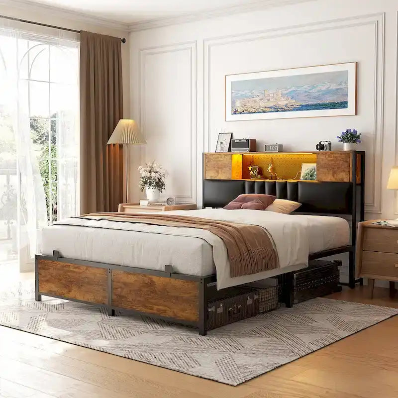 Farmhouse Bed Frame with Holey Board, Upholstered Headboard Platform Bed with Charging Station