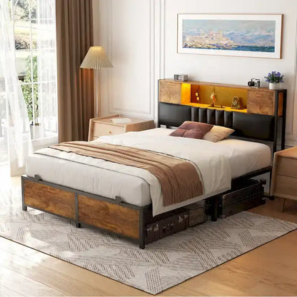 Farmhouse Bed Frame with Holey Board, Upholstered Headboard Platform Bed with Charging Station