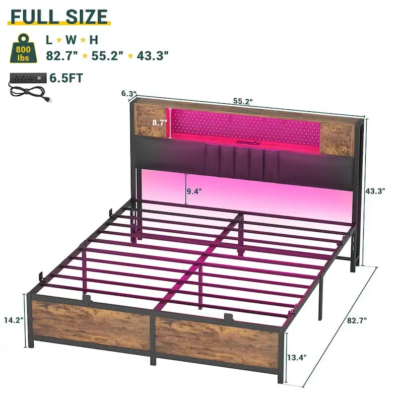 Farmhouse Bed Frame with Holey Board, Upholstered Headboard Platform Bed with Charging Station