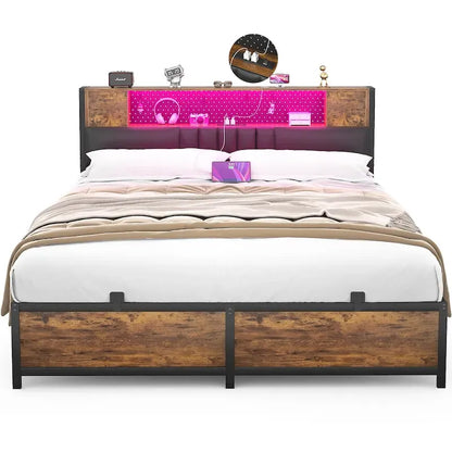 Farmhouse Bed Frame with Holey Board, Upholstered Headboard Platform Bed with Charging Station