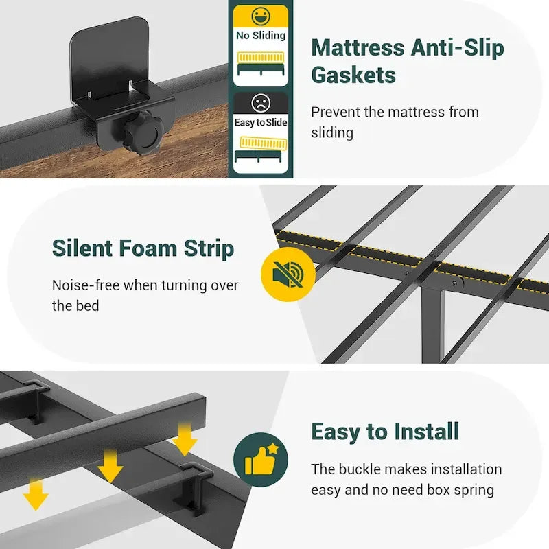 Farmhouse Bed Frame with Holey Board, Upholstered Headboard Platform Bed with Charging Station