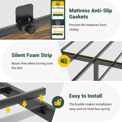 Farmhouse Bed Frame with Holey Board, Upholstered Headboard Platform Bed with Charging Station