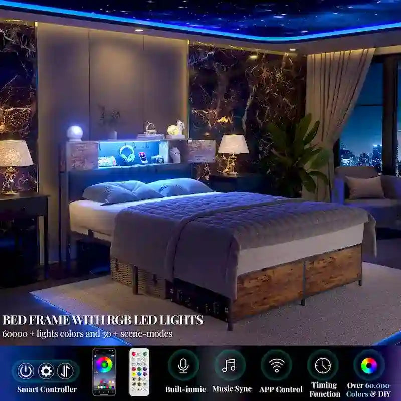 Farmhouse Bed Frame with Holey Board, Upholstered Headboard Platform Bed with Charging Station