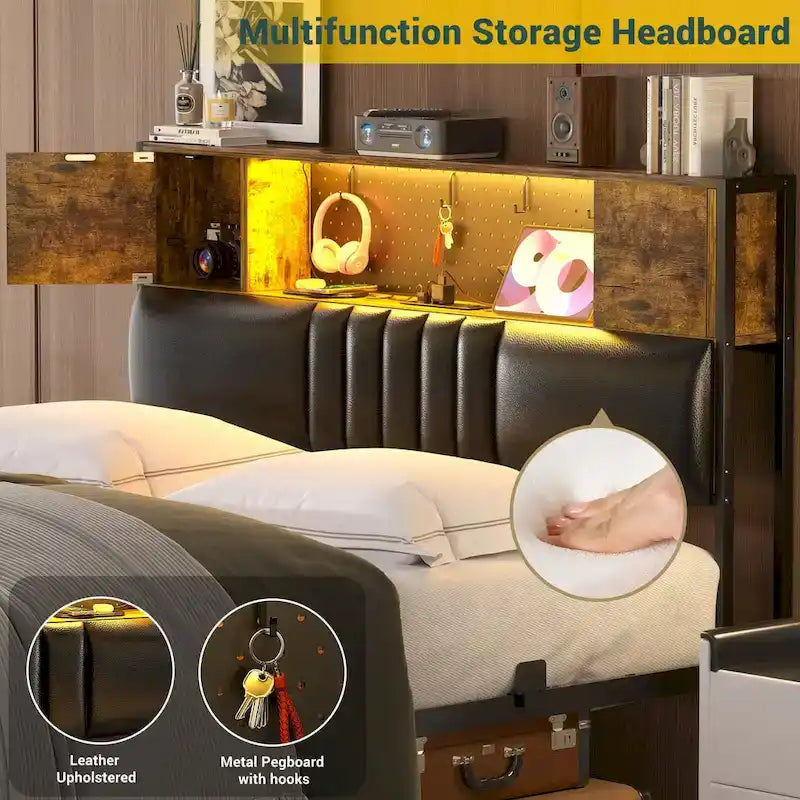 Farmhouse Bed Frame with Holey Board, Upholstered Headboard Platform Bed with Charging Station