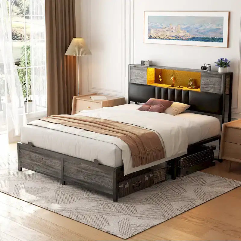 Farmhouse Bed Frame with Holey Board, Upholstered Headboard Platform Bed with Charging Station