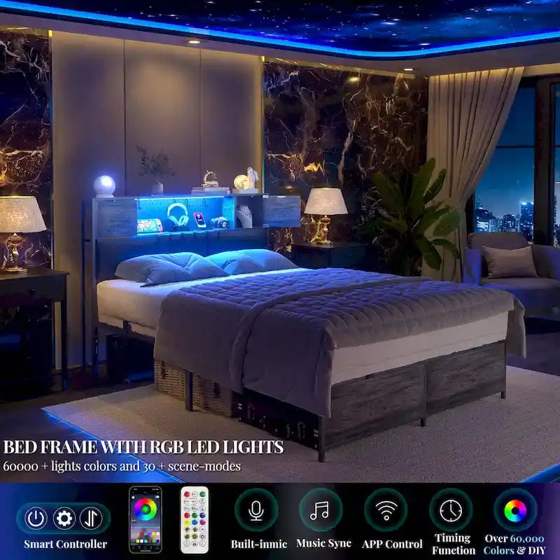 Farmhouse Bed Frame with Holey Board, Upholstered Headboard Platform Bed with Charging Station