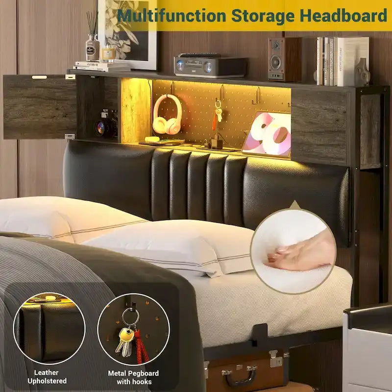 Farmhouse Bed Frame with Holey Board, Upholstered Headboard Platform Bed with Charging Station