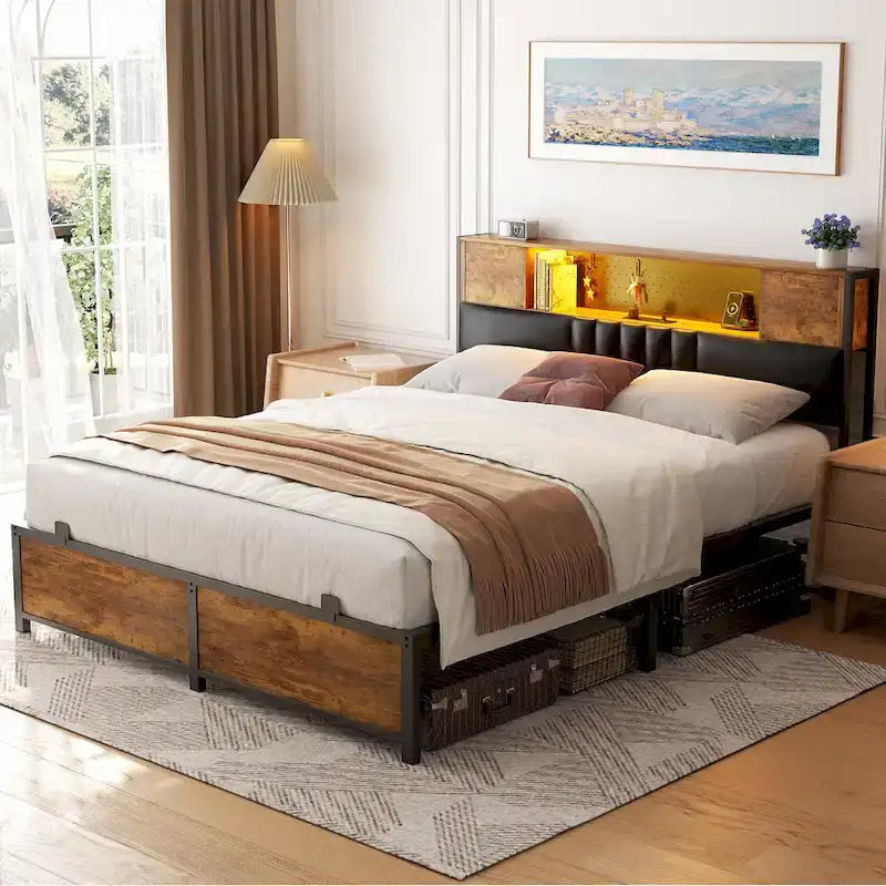 Farmhouse Bed Frame with Holey Board, Upholstered Headboard Platform Bed with Charging Station