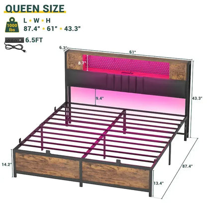 Farmhouse Bed Frame with Holey Board, Upholstered Headboard Platform Bed with Charging Station