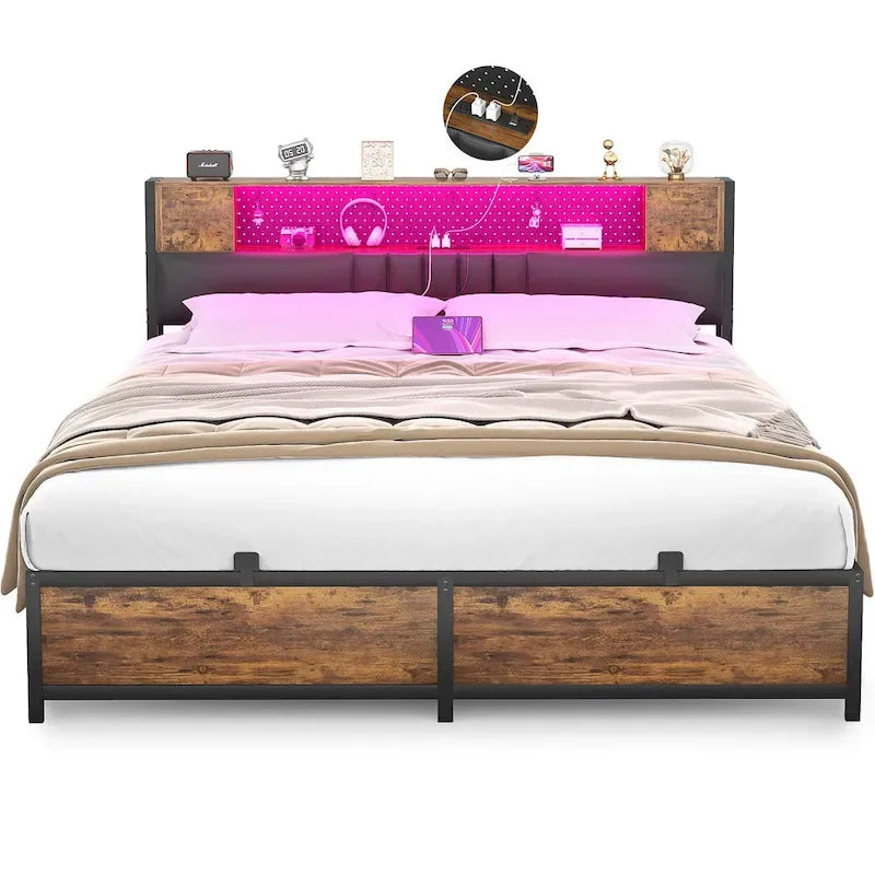 Farmhouse Bed Frame with Holey Board, Upholstered Headboard Platform Bed with Charging Station
