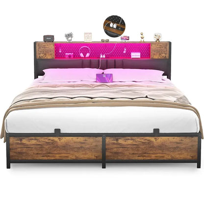 Farmhouse Bed Frame with Holey Board, Upholstered Headboard Platform Bed with Charging Station