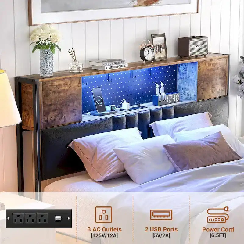 Farmhouse Bed Frame with Holey Board, Upholstered Headboard Platform Bed with Charging Station