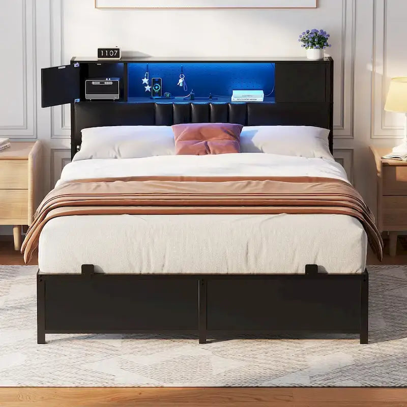 Farmhouse Bed Frame with Holey Board, Upholstered Headboard Platform Bed with Charging Station