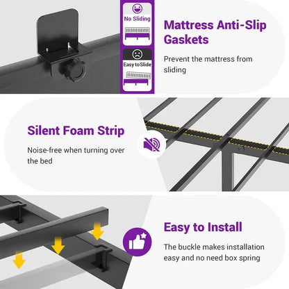 Farmhouse Bed Frame with Holey Board, Upholstered Headboard Platform Bed with Charging Station