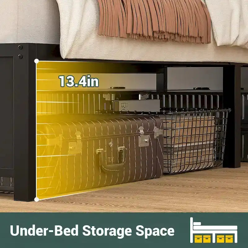 Farmhouse Bed Frame with Holey Board, Upholstered Headboard Platform Bed with Charging Station