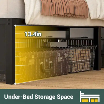 Farmhouse Bed Frame with Holey Board, Upholstered Headboard Platform Bed with Charging Station