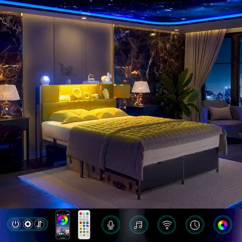 Farmhouse Bed Frame with Holey Board, Upholstered Headboard Platform Bed with Charging Station