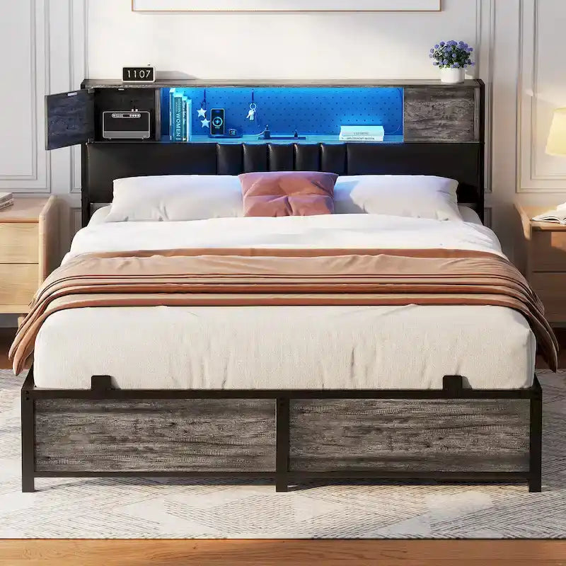 Farmhouse Bed Frame with Holey Board, Upholstered Headboard Platform Bed with Charging Station