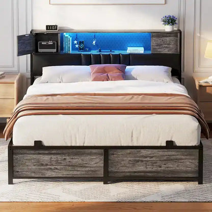 Farmhouse Bed Frame with Holey Board, Upholstered Headboard Platform Bed with Charging Station