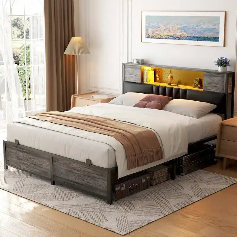 Farmhouse Bed Frame with Holey Board, Upholstered Headboard Platform Bed with Charging Station