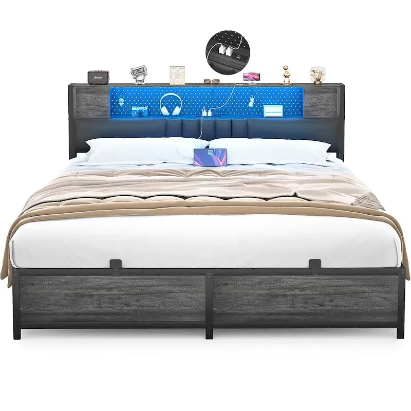 Farmhouse Bed Frame with Holey Board, Upholstered Headboard Platform Bed with Charging Station