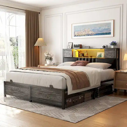 Farmhouse Bed Frame with Holey Board, Upholstered Headboard Platform Bed with Charging Station