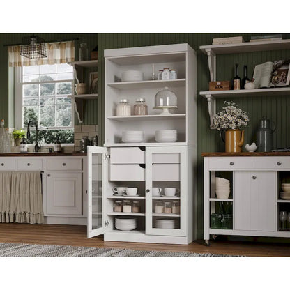 100% Solid Wood Kitchen Pantry Cabinet with 2 Clear Glass or Solid Wood Doors and 2-Drawer Organizer by Palace Imports