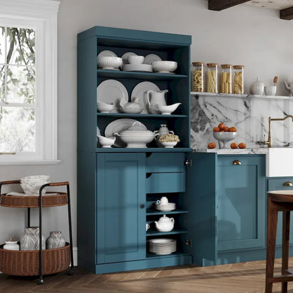 100% Solid Wood Kitchen Pantry Cabinet with 2 Clear Glass or Solid Wood Doors and 2-Drawer Organizer by Palace Imports