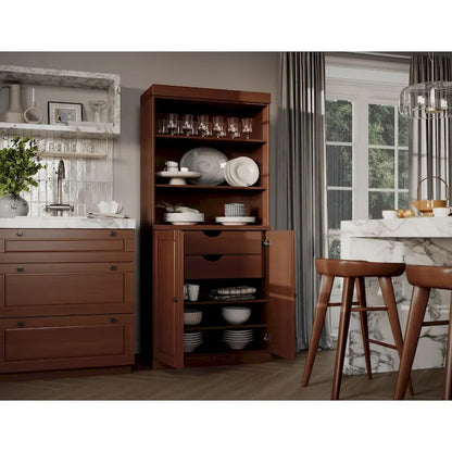 100% Solid Wood Kitchen Pantry Cabinet with 2 Clear Glass or Solid Wood Doors and 2-Drawer Organizer by Palace Imports