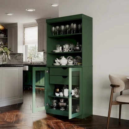 100% Solid Wood Kitchen Pantry Cabinet with 2 Clear Glass or Solid Wood Doors and 2-Drawer Organizer by Palace Imports