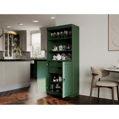 100% Solid Wood Kitchen Pantry Cabinet with 2 Clear Glass or Solid Wood Doors and 2-Drawer Organizer by Palace Imports