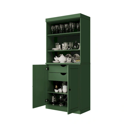 100% Solid Wood Kitchen Pantry Cabinet with 2 Clear Glass or Solid Wood Doors and 2-Drawer Organizer by Palace Imports