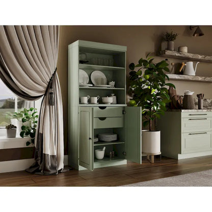 100% Solid Wood Kitchen Pantry Cabinet with 2 Clear Glass or Solid Wood Doors and 2-Drawer Organizer by Palace Imports