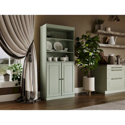 100% Solid Wood Kitchen Pantry Cabinet with 2 Clear Glass or Solid Wood Doors and 2-Drawer Organizer by Palace Imports