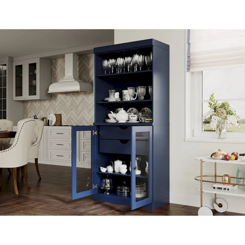 100% Solid Wood Kitchen Pantry Cabinet with 2 Clear Glass or Solid Wood Doors and 2-Drawer Organizer by Palace Imports