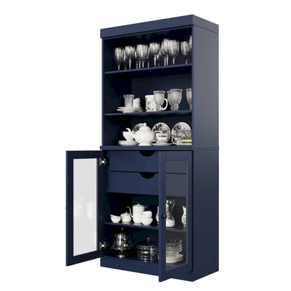 100% Solid Wood Kitchen Pantry Cabinet with 2 Clear Glass or Solid Wood Doors and 2-Drawer Organizer by Palace Imports